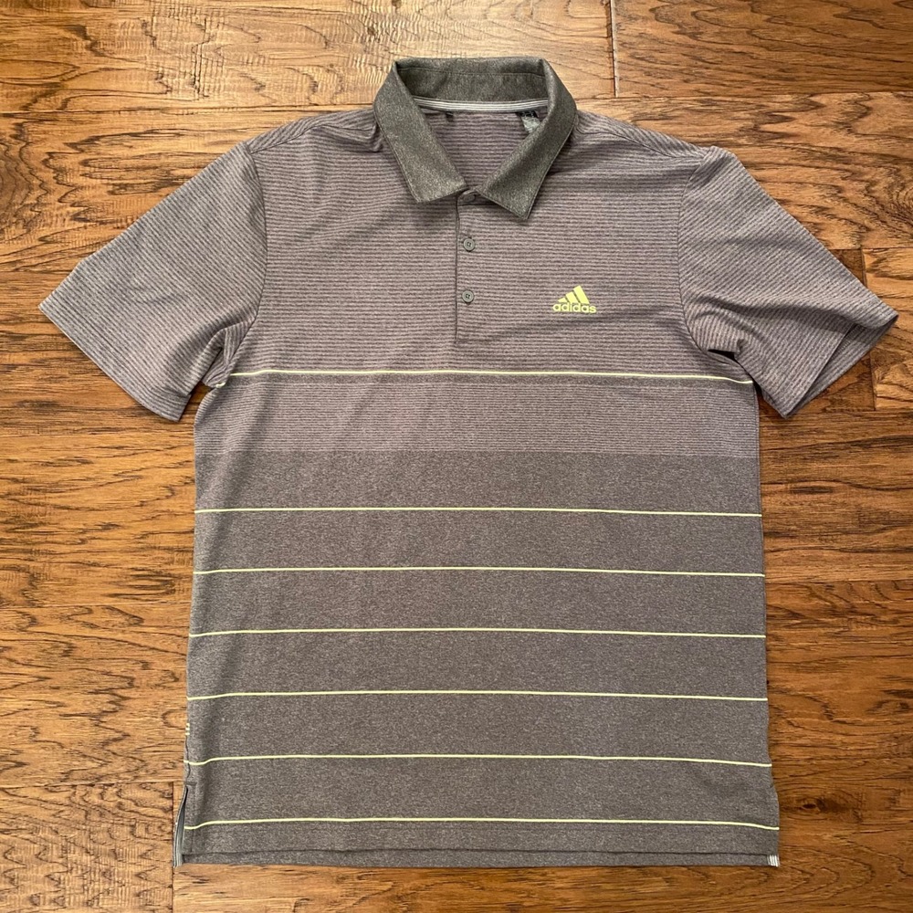 Adidas Golf Polo Shirt Mens Medium Gray Lime Green Striped Short Sleeve Active